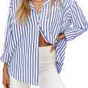 HOTOUCH Women's Striped Button Down Shirts Casual Long Sleeve Boyfriend Loose Collared Blouses Tops (Medium, Blue White)