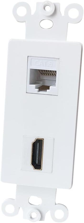 4K/8K HDMI and Ethernet CAT6 Port Decora Insert Wall Plate White - HDTV Cable RJ45 Keystone Insert Plate for Midsize/Oversize Cover Plate