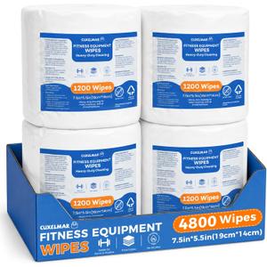 7.5"x5.5" Gym Equipment Wipes, 4 x 1200 Count, 4800 Total, Alcohol-Free Pre-Moistened Equipment Wipes, Unscented, Commercial Fitness Cleaning Wipes for Exercise, Yoga & Workout Surfaces,