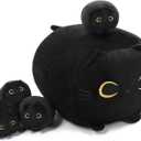 TOYSYM Black Cat Stuffed Animal Mommy Cat Plush Toys with 4 Squishy Baby in Her Tummy Soft Cute Hugging Pillows for Boys and Girls