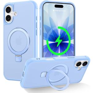 CHAOFEnG Magnetic Compatible with iPhone 17 Case with Stand [Military Grade Drop Tested][Compatible with Magnet] Ring Translucent Slim Hard Back Soft Edge, Mist Blue