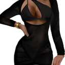 Lilosy Sexy Long Sleeve One Shoulder Bikini Fishnet Beach Swim Cover Up Dress (Large)