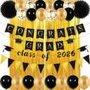 Graduation Decorations 2026, Black Gold Party Decor with Congrats Grad, Class of 2026 Banner Balloons Foil Curtains Backdrop Paper Fans for University College Senior High School Prom Graduate