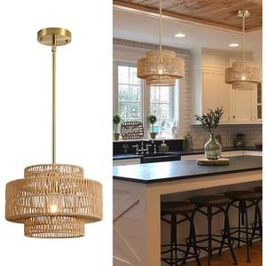 12.4” Boho Rattan Chandelier Light Fixture, 1-Light Hand Woven Pendant Light Fixture Farmhouse Rustic Hanging Lamp for Kitchen Island Bedroom, Dining Room, Living Room, Entryway, Foyer