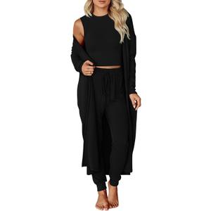 KIRUNDO 3 Piece Lounge Sets for Women Airport Travel Vacation Outfits Spring Cardigan Matching Sleeveless Top Jogger Pants (Large, Black)