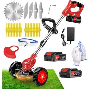 Cordless Weed Wacker, Electric Grass Trimmer 21V 2.0Ah Battery Powered Weed Trimmer, 3 in 1 Stringless Lightweight Brush Cutter/Edger/Mower with 4 Types Blade & Wheels for Garden and Yard Lawn