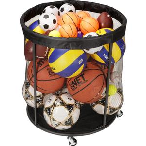 Sports Equipment Organizer for Garage, Mesh Ball Holder for Soccer, Basketball, Volleyball, Baseball, 48 Gals Ball Cart for Holding Ball, Rolling Sports Organizer, Black