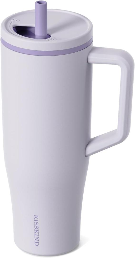 KISSKIND 40 oz Tumbler with Handle and Straw | 100% Leakproof Insulated Tumbler with Lid and Straw | Stainless Steel Water Bottle | Cup Holder Friendly Base | Lavender (40 oz Leakproof, 3.0 Lavender)