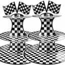 2 Pcs Race Car Party Favors 3-Tier Cupcake Holder, Two Fast Birthday Decorations Cupcake Stand for 24 Cupcakes, Kids Boys Black and White Checkered Flag Cars Theme Party Supplies