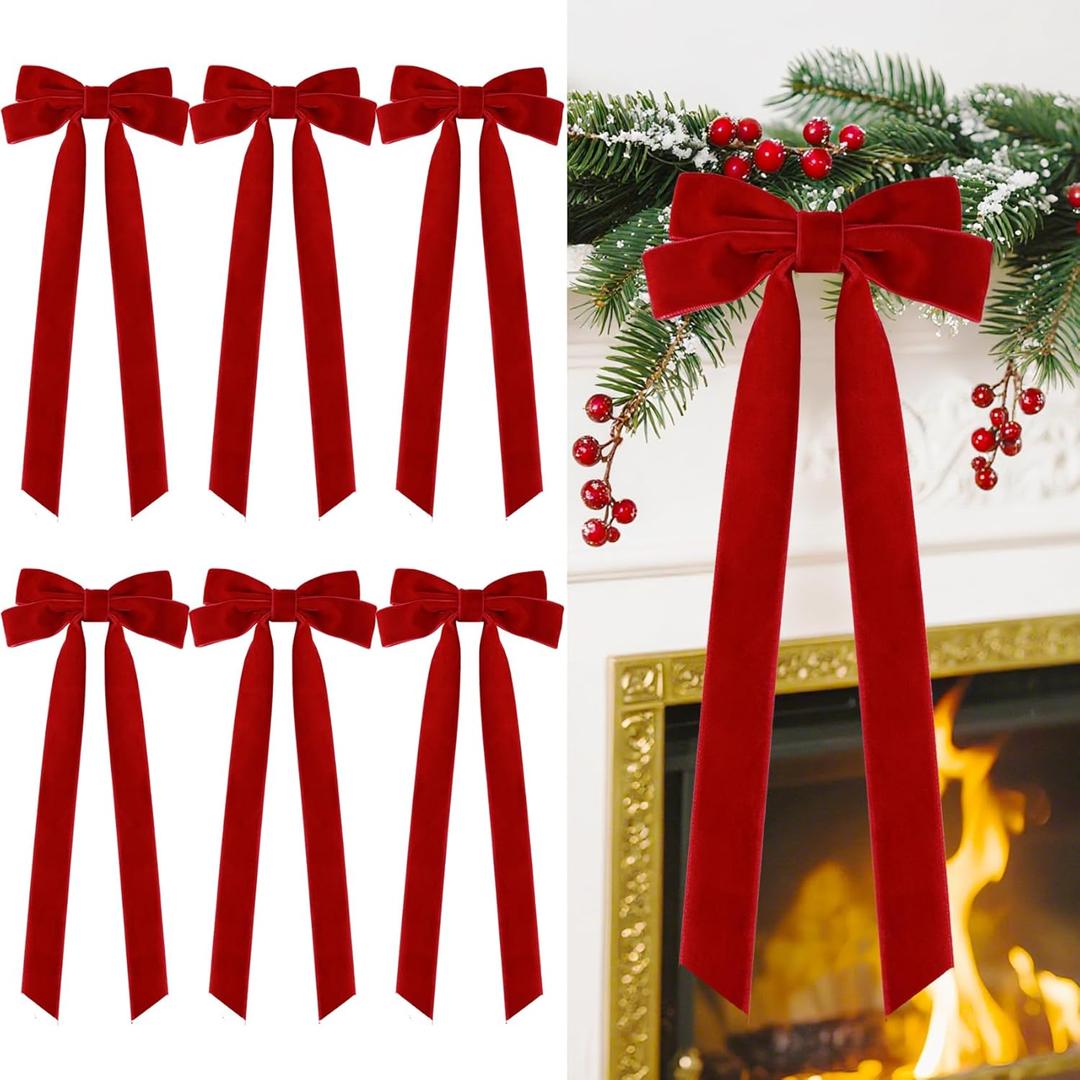 Velvet Large Christmas Bows for Staircase Garland Wreath, 20in x 8in Vintage Ribbon Bows with Twist Tie for Xmas Tree Holiday Indoor Outdoor Decorations (6Pcs, Red) (20 x 8 Inch, Width of 1.5")