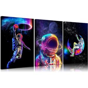 3pcs Cool Astronaut Canvas Wall Art Universe Space Boy Wall Decor Pictures Funny Whimsical Spaceman Basketball Posters Prints Paintings for Teen Boys Room Living Room Bedroom Decoration Ready To Hang