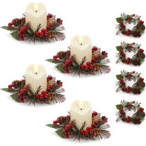 4 Pcs Christmas Candle Rings with LED Candles and Cups, Mini Wreaths with Red Berry Pinecone for Cabinets Table Centerpieces Decorations,Christmas Napkin Ring (4, Red-1)