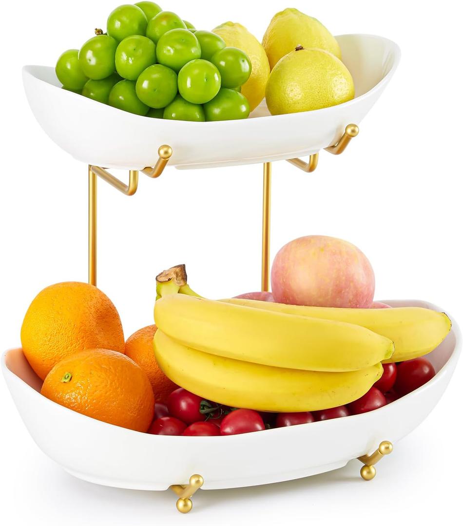 2 Tier Ceramic Fruit Bowl for Kitchen Counter, Tiered Fruit Basket for Countertop, Modern Multi Layer Fruit Display Stand for Party, Cute (Gold&White, Large)