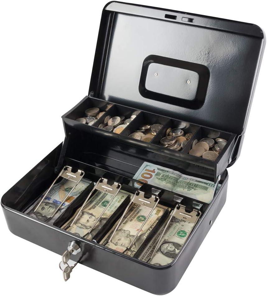 KYODOLED Locking Cash/Money Saving Organizer Box with Lock Safe with Key and Cash Tray, Black, 11.81Lx 9.45Wx 3.54H inches, XL Large