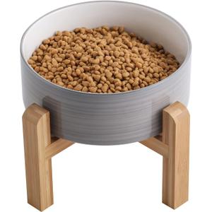 Addogyy Elevated/ Raised Dog Bowl Ceramic with Wood Stand for Small Medium Breed, Dog Food Water Dish Heavy, 6 in Non Slip Modern Cute Porcelain Pet Bowl Grey White