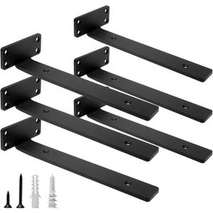 HITOMEN Heavy Duty Floating Shelf Brackets, 10-Inch (1/5'' Thick) Hidden Shelves Hardware, Iron L Brackets, Rustic Industrial Black Metal Wall Shelving Supports, 6 Pack