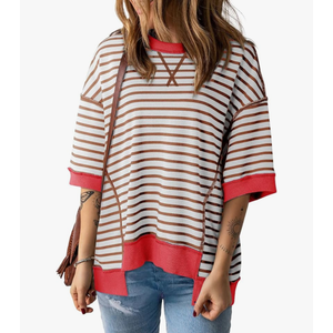 Womens Summer Tops Casual Crewneck Short Sleeve Sweatshirt Striped Color Block Trendy Pullover Knitted T Shirts Blouse M