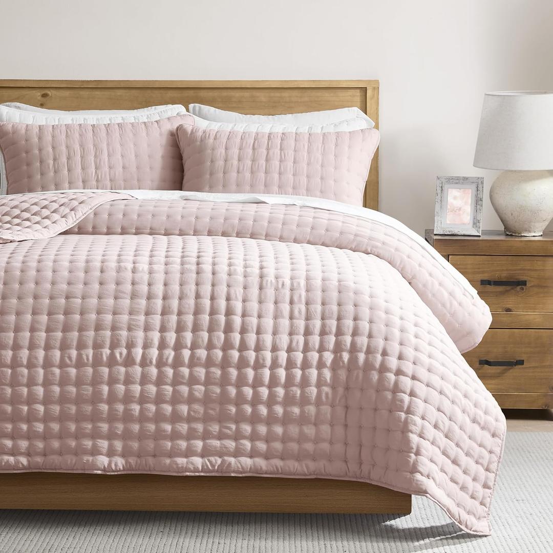 WDCOZY Pink Queen Size Quilt Bedding Sets with Pillow Shams, Lightweight Soft Bedspread Coverlet, Quilted Blanket Thin Comforter Bed Cover, All Season Summer Spring, 3 Pieces, 90x90 inches