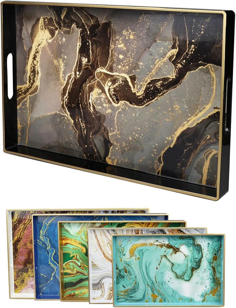 Black Marbling Decorative Tray with Handles, Morden Plastic Rectangular Serving Tray for Coffee Table Bathroom, Ottoman, Home Decor, 15.7"* 10.2"* 1.38" (Trema05)