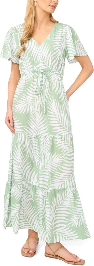 Vince Camuto Women's Leaf Print Tie Waist Cap Sleeve Tiered Maxi Dress XL