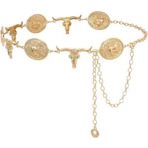WHIPPY Western Metal Concho Belt for Women Vintage Cowgirl Boho Turquoise Chain Belts for Dresses Jeans (Gold, M)
