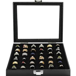 OSPNIEEK Ring Jewelry Organizer Box, 36 Slots Rings Display Storage Case Earring Showcase - Black Velvet Jewelry Stand Holder Tray with Transparent Glass Lid - Ideal Gift for Women Girl