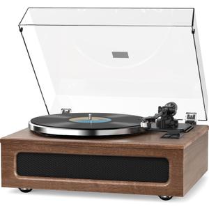 Turntable Built-in Four Speakers Vintage Vinyl Record Players HiFi Belt Drive System with Phono Preamp ATN-3600L MM Cartridge BT Wireless Aux-in RCA Line Out Auto Off Mahogany Brown Nostalgic