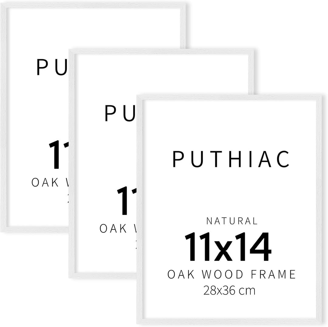 puthiac 11x14 White Oak Wood Picture Frame - Minimalist 11x14 Frame Wood for Wall Art Decor, 11"x14" Natural Solid Wood Poster Frames for Wall Art Photo and Prints (3 Pack, White)