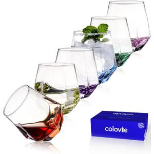 ColoVie Stemless Wine Glasses Set of 6, Cocktail Glasses, Diamond Shaped Wine Glasses for White or Red Wine, Unique Colorful Drinking Glasses,10 oz Easy Hold, Cute, Dishwasher Safe