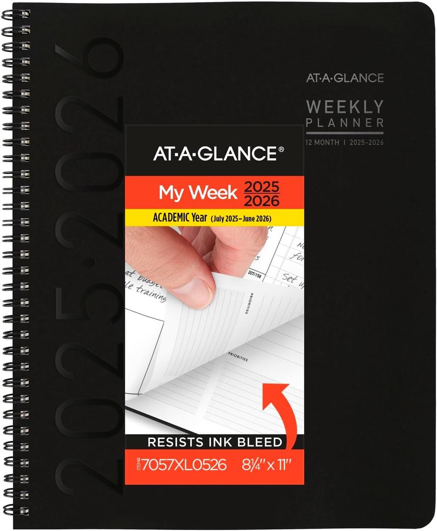 AT-A-GLANCE Planner 2025-2026 Academic, Weekly & Monthly, 8-1/4" x 11", Large, Monthly Tabs, Flexible Cover, Contemporary Lite, Black (7057XL05)