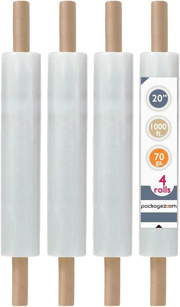 PackageZoom 20 inch x 1000 Feet Stretch Wrap with Handle, Clear Stretch Film, 4 Rolls