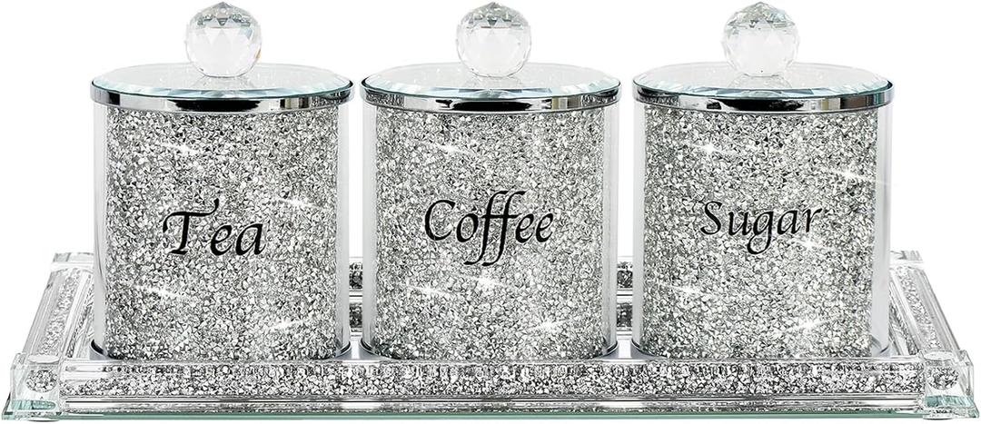 Topsky Coffee Sugar Tea Crystal Canister Set of 4, Sparkly Crystal Crushed Diamonds Home Decor, Silver Kitchen Coffee Jar Storage Set with Label & Lid, Storage Container Set for Countertop, Dining Room