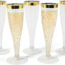 Prestee Set of 24 Plastic Champagne Flutes with Gold Rim - 4.5 oz - Shatterproof Disposable Glasses for Weddings, Cocktail Parties, and Outdoor Celebrations (24 Count (Pack of 1))