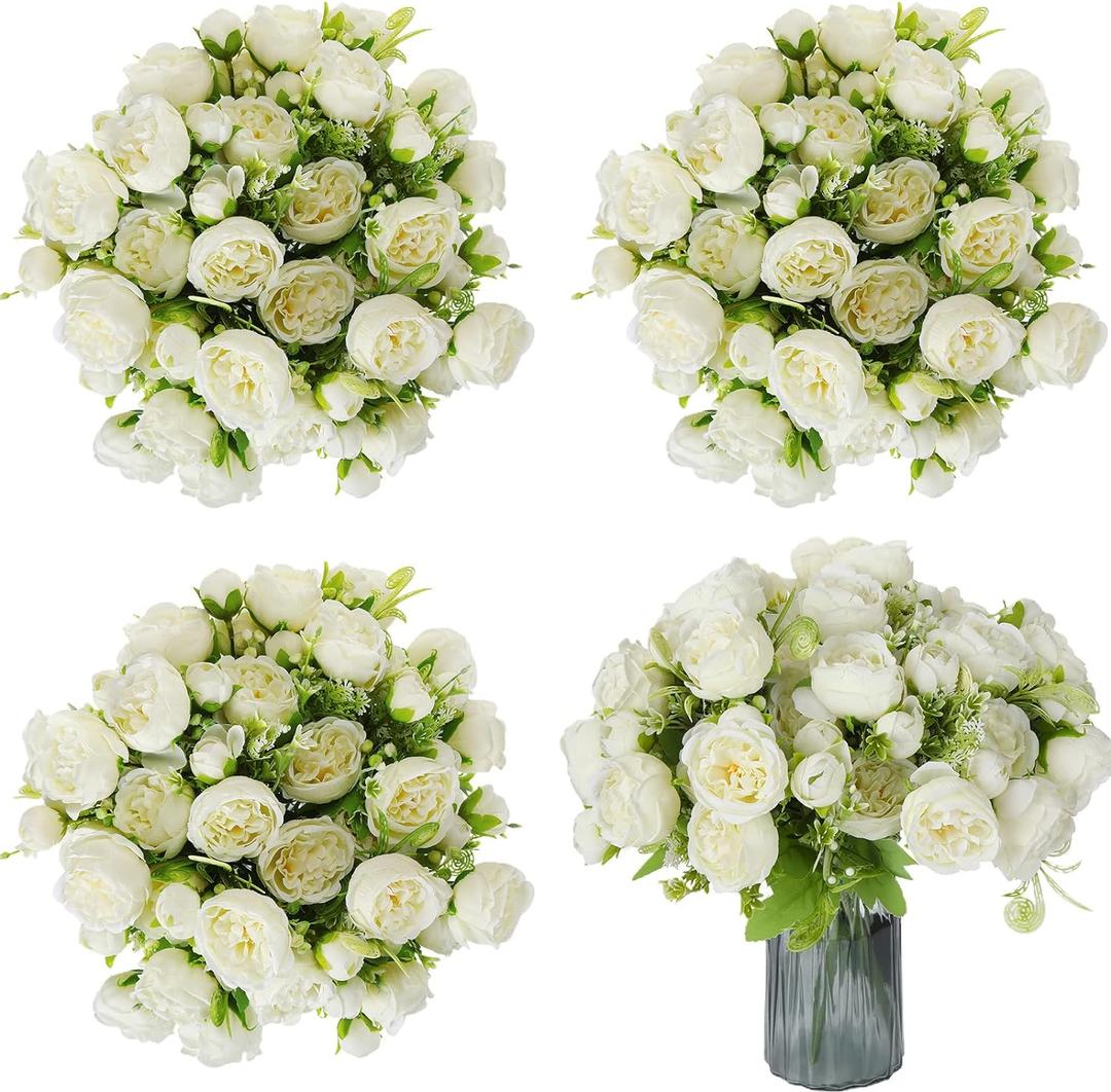Sumind 16 Bundles Peonies Artificial Flowers Bulk Wedding Silk Faux Flowers with Stems Faux Peony Wedding Bouquets for Bride Florals Arrangements Decor for Table Centerpiece Vase Decoration(White)