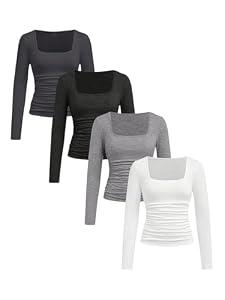 SOLY HUX Girl's 4 Piece T Shirt Square Neck Long Sleeve Ruched Tee Slim Fit Fall Tops Multi 9Y
