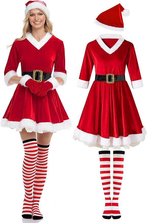 Women's Christmas Costume Set Velvet Dresses Party Dresses Women's Christmas Gowns Christmas Hat Gloves for Cosplay Size L
