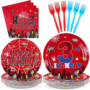 96Pcs Spider 3rd Birthday Decorations for Boys Super Theme Hero 3rd Birthday Plates and Napkins Blue Red Spider Three Year Old Decoration Favors for Kids 3 Year Old Party Supplies Serves 24