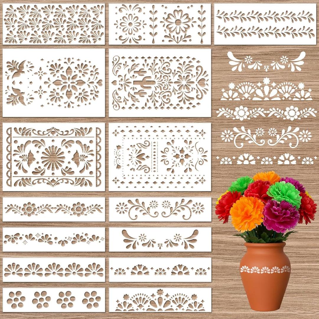 Frienda 15 Pcs Cielito Lindo Mexican Stencil for Flower Vase Talavera Stencils Cielito Lindo Drawing Tool for DIY Vase Crafts Mexican Floral Lace Furniture Wood Wall Canvas Floor Gifts