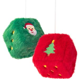 Christmas Fuzzy Dice for Car Rear View Mirror, Embroidered Santa and Tree Design Hanging Decorations, Red Green Plush Dice Ornaments for Car, Indoor or Outdoor Holiday Decor Pair
