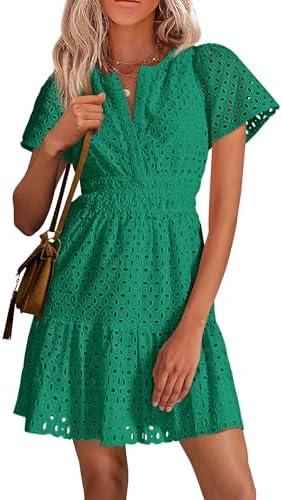 PRETTYGARDEN Womens 2026 Summer Short Dress V Neck Short Sleeve A Line Hollow Out Lace Ruffle Cute Casual Beach Party Dresses