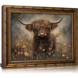 Vintage Gold Framed Highland Cow Wall Art, Moody Cow in Wildflowers Painting Canvas Prints, Retro Farmhouse Animal Picture Wall Decor, Spring Animal Poster Artwork for Bathroom Restroom Living Room, 24"L x 16"W