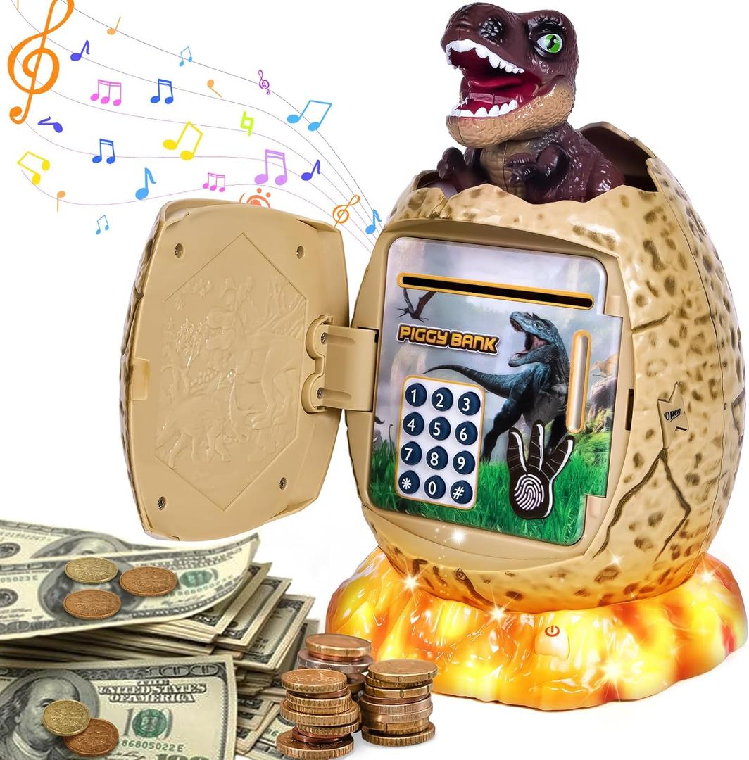 Refasy Electronic Piggy Bank for Kids Dinosaur ATM Piggy Bank Password Cash Coin Can Money Bank Kids Toy with Music, Easter Birthday Gifts for Boys Girls 3 4 5 6 7 8 9 10 11 12 Year Old (Brown)