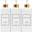 Modern Gold Design Shampoo and Conditioner Dispenser, Large 27oz Shower Soap Dispenser, Set of 3 Refillable Empty Plastic Pump Bottles for Bathroom and Body Wash (6 Waterproof Labels Included), White