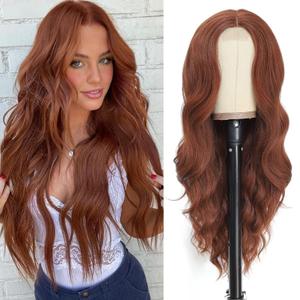 NAYOO Long Auburn Wavy Wig for Women 26 Inch Middle Part Curly Wavy Wig Natural Looking Synthetic Heat Resistant Fiber for Daily Party Use (Auburn)