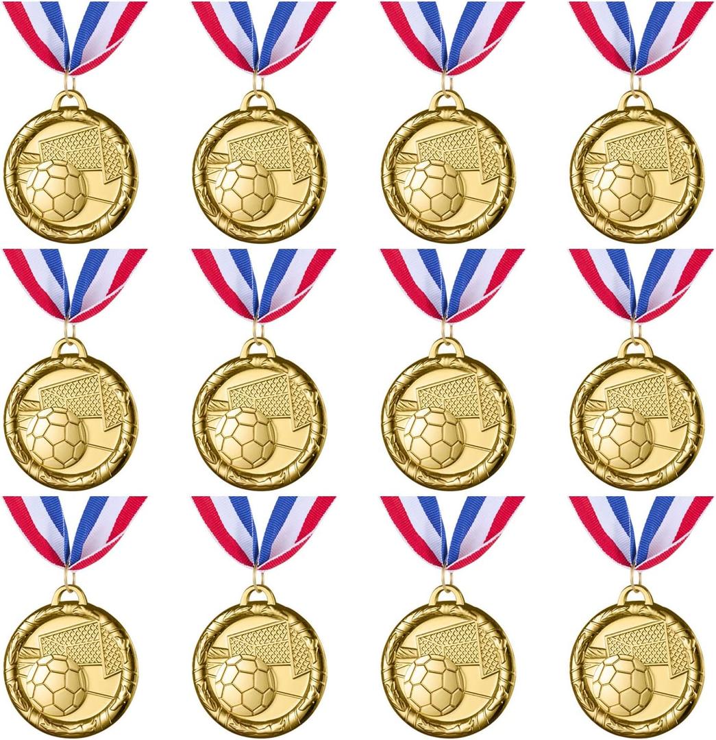 Abaokai 12 Pieces Soccer Medals for Awards for Kids and Adults, Gold Award Medals Set - Metal Olympic Style for Kids Sports Soccer Games and Prizes Awards, Party Favors, 2 Inches