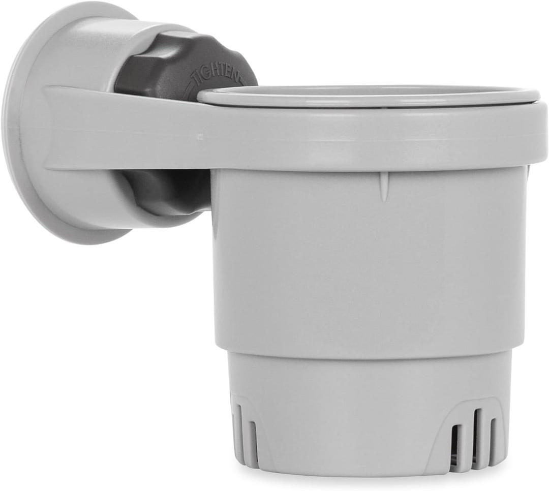 Camco RV Cup Holder with Mechanical Suction  Portable Drink Holder for RVs, Campers, & Boats - Features Heavy-Duty Suction Cup Mount Compatible w/Smooth, Non-Porous Surfaces - Gray (53084) (One Size)