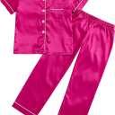 MyFav Pajama Set for Girls Button Down Silky Kids Sleepwear Nightwear Loungewear Clothes Set (Pink)