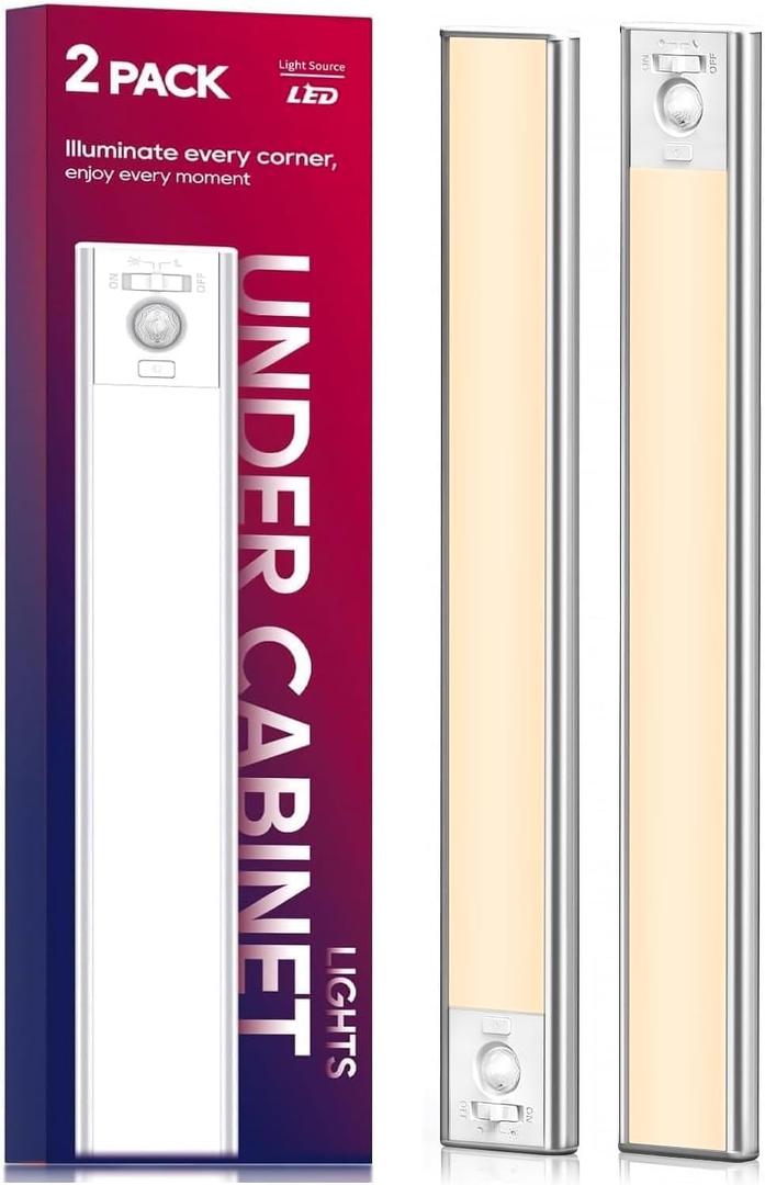 Under Cabinet Lighting, 3200mAh Rechargeable Motion Sensor Light Indoor, LED Battery Operated Cabinet Lights, Dimmable Closet Light, Wireless Under Counter Lights for Kitchen (2pack)