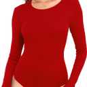 Roselux Womens Long Sleeve Stretch Crewneck Ribbed Knit Bodysuits T Shirt Body Suit Basic Tops (Medium, Red)