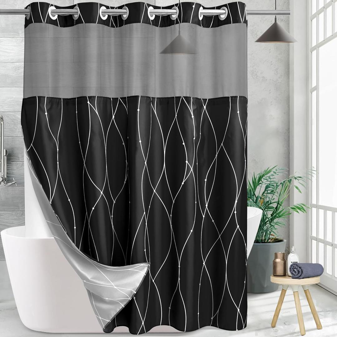Black White Striped Fabric Shower Curtain with Snap in Liner for Bathroom Bathtubs,Hotel Shower Curtain and Liner Set with See Through Mesh Top Window,Machine Washable (71" W X 74" H)